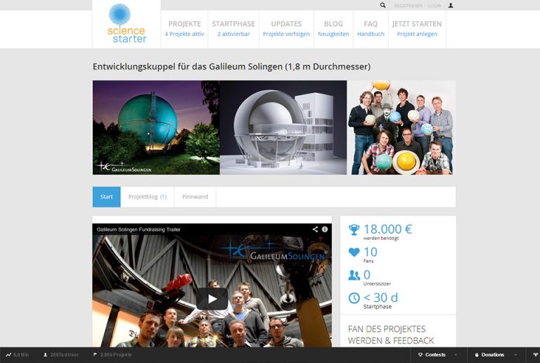 Screenshot des Galileum Solingen Crowdfundingprojekts aud sciencestarter.de